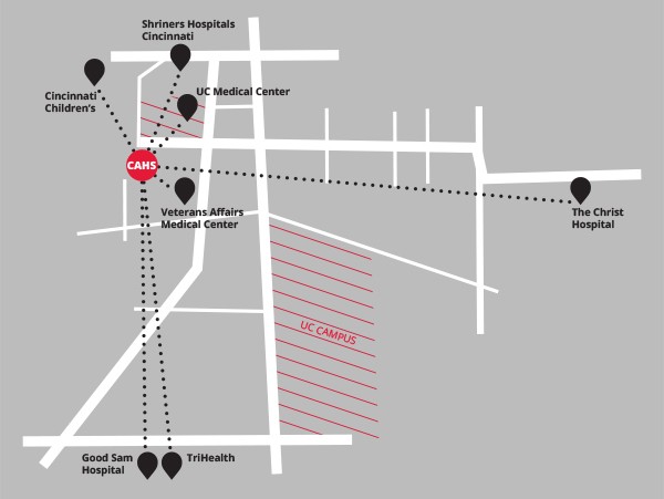 Map of Medical Campus -  Includes: Shriners Hospitals, UC Medical Center, Cincinnati Children's Hospital, Veterans Affairs Medical Center, Good Sam Hospital, & TriHealth. Map does not provide street names. Image is not descriptive enough to provide directions. 